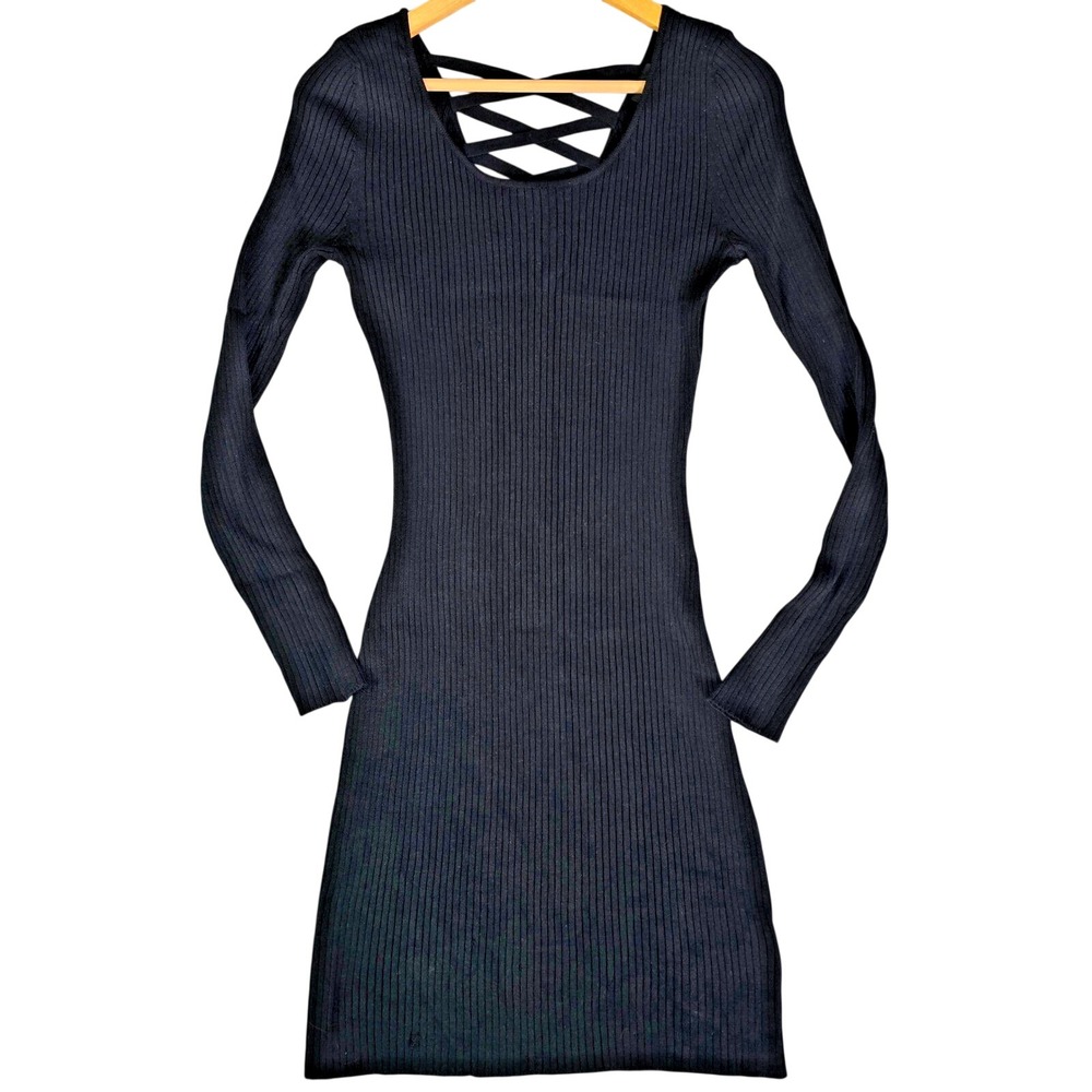 Derek Heart Size XL Black Ribbed Long Sleeve Bodycon Sweater Dress Strappy Back